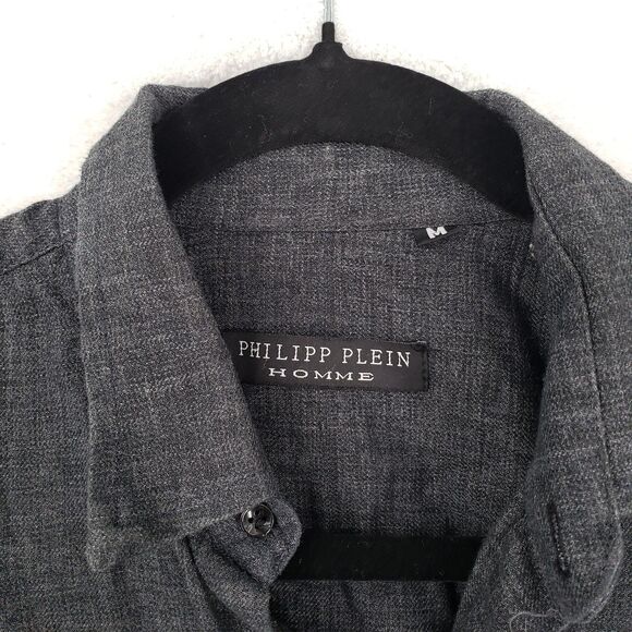 Philipp Plein Homme Shirt Mens Medium Gray Long Sleeve Button Up Textured Casual - Picture 2 of 10